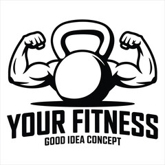 Bold black and white logo showing a kettlebell with strong flexing human arms and fitness text