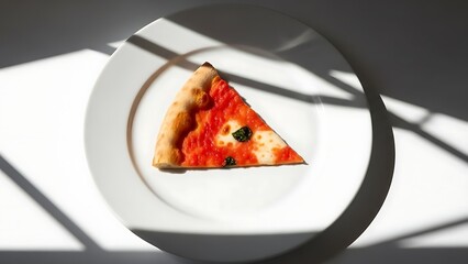 Single slice of pizza on white plate under natural light shadow