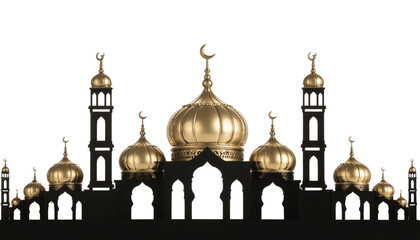 Silhouette of a mosque with golden domes and minarets against a bright backdrop, architectural religious clean white background cutout