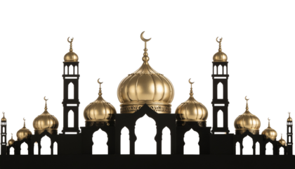 Silhouette of a mosque with golden domes and minarets against a bright backdrop, architectural religious clean white background cutout