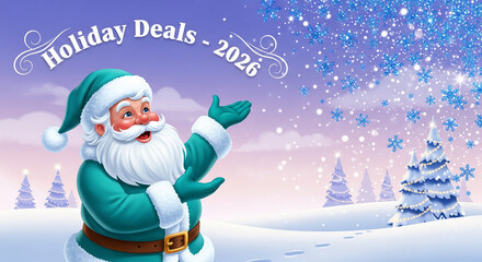 Illustration of Santa with teal garment in snowy landscape with tree, showcasing holiday deals for 2026, symbolizing festive season and promotion
