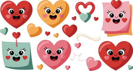 Cute Kawaii Heart Characters Set with Smiling Faces and Love Elements