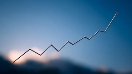 A conceptual silver line graph with an upward trajectory symbolizing growth progress and success set against a blurred blue sky