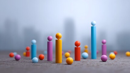 Abstract colorful geometric markers arranged like a growth chart against a blurred city skyline background