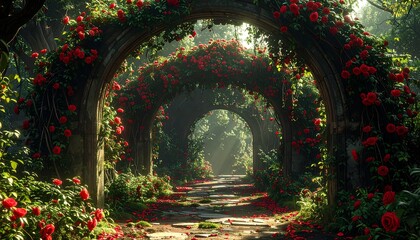 A serene Rose Day morning walk through a lush garden archway adorned with vibrant red roses and lush greenery