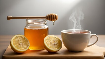 Steaming Cup of Tea with Honey and Lemon on Wooden Board