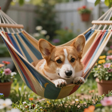 Adorable corgi resting in a colorful hammock amidst the vibrant summer garden
