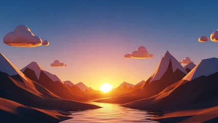 Sunset Over Mountain Range Reflection in Calm Lake Nature Landscape