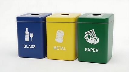 Three Recycling Bins for Glass Metal and Paper Separation in Environmentally Friendly Setup