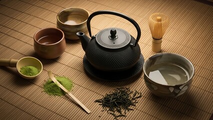 Traditional Japanese Tea Ceremony Setup with Matcha and Tea Kettle