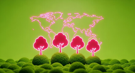 Stylized neon trees on green textured background, with a world map outline, representing global environmental conservation and ecological balance