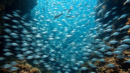 entirety. A dense school of silver fish crammed into a narrow coral reef crevice. wildlife magazines, conservation campaigns, designed for nature documentaries and education, used by copywriters.