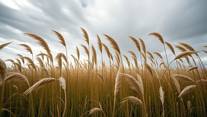 unanimity. A field of tall grass swaying in strong wind under a dramatic cloudy sky. travel magazines, destination branding, designed for outdoor magazines and nature guides.