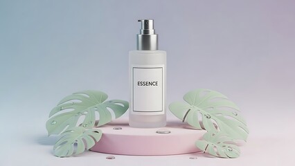 White essence bottle with pump on pink stand surrounded by green leaves