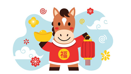 Modern vector illustration of smiling horse zodiac holding gold ingot and lantern, Year of the Horse 2026 symbol representing luck, wealth, and Chinese New Year celebration