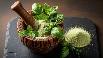Wooden Mortar and Pestle with Fresh Herbs and Ground Spices in Bowl