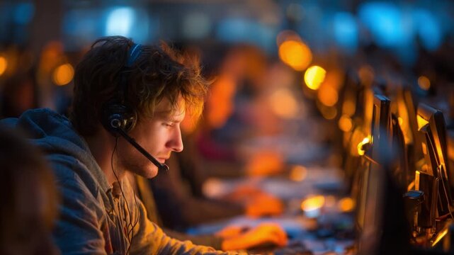 Engaged in Focus: A Gamer Keeping Attention on the Competitive Gameplay in an Intense Digital Environment Under Soft, Warm Lighting