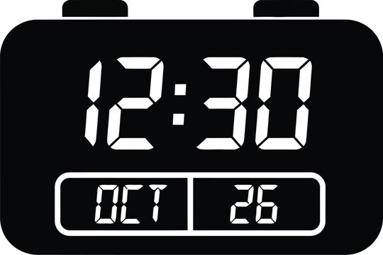 A black and white vector icon of a digital alarm clock displaying the time 12:30 and date october 26