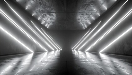 Empty dark geometric concrete space with bright glowing V shaped neon lights creating deep perspective and reflections on the polished wet floor background