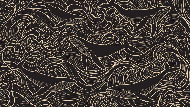 Swimming dolphins seamless pattern in wave design