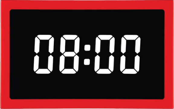 A close-up shot of a modern digital clock displaying eight o'clock in white segments with a vibrant red frame