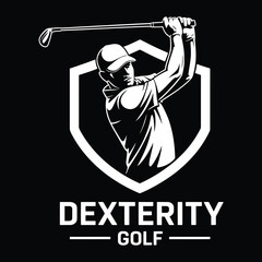 A powerful golf player swings a club within a distinctive shield emblem against a dark background