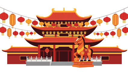 Modern vector illustration of traditional Chinese temple decorated for Year of the Horse 2026 with lanterns and horse zodiac statue, peaceful Lunar New Year celebration scene