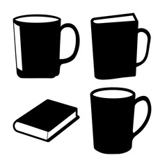 Obraz premium Coffee mugs and book creative silhouette icons set on white