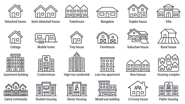 Collection of diverse housing and building types illustrated in a clean line art style. EPS Editable