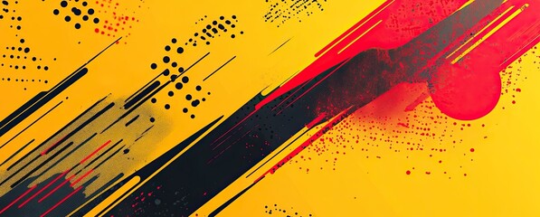 A bold and dynamic abstract digital art featuring sharp, jagged lines in red, black, and yellow