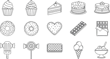 A comprehensive collection of sweet desserts and sugary treats in outline icons