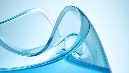 Close up of an abstract swirling transparent blue structure resembling fluid motion or curved glass modern glossy wave pattern backdrop