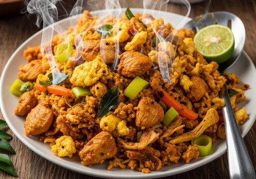 Authentic Steaming Sri Lankan Chicken Kothu Roti. Delicious South Asian Street Food with Egg, Vegetables, and Spices, served fresh.