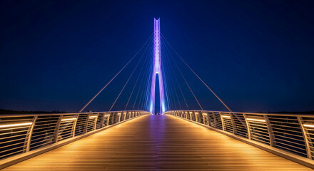 Obraz premium Night view of illuminated cable-stayed bridge, wooden deck, metal railings, deep blue sky, showcasing modern architecture and engineering design