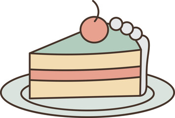 Illustration of a delicious piece of cake on a plate flat vector