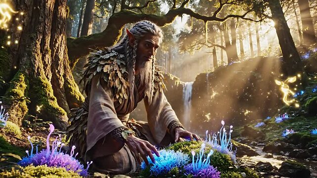 Mysterious wizard tending glowing magical plants in enchanted forest during sunrise with ethereal lighting