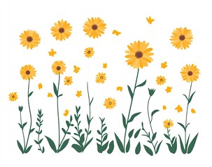 A vibrant vector illustration featuring a collection of yellow wildflowers and daisies with green stems and leaves, accompanied by small fluttering yellow petals or butterflies 