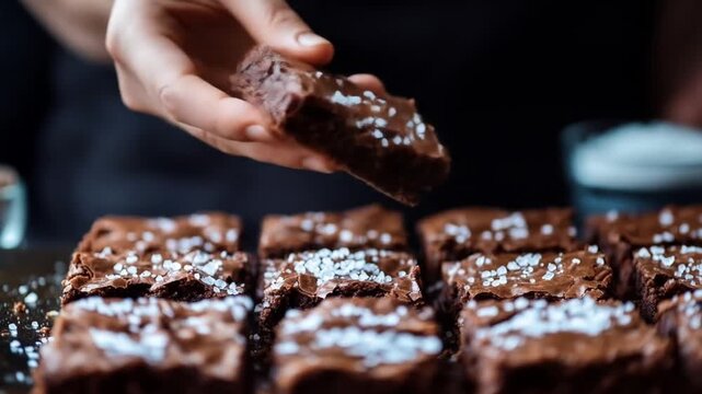 Close up of a person salting freshly baked brownies on a dark background