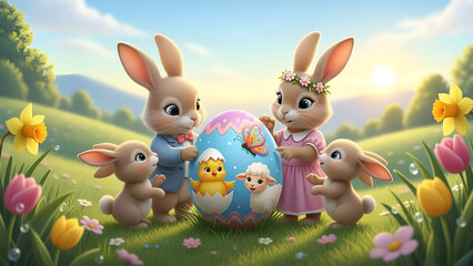 Cute rabbits gather around a decorated egg on a sunny day in a meadow during springtime celebrations with flowers and animals