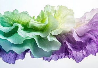 A flowing abstract ribbon of soft pastel green, mint, and lavender fabric folds creating a delicate wavy texture on white background