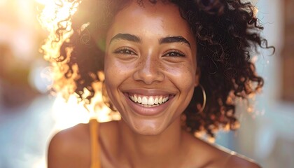 Radiant smile of a young woman in the sunlight.
