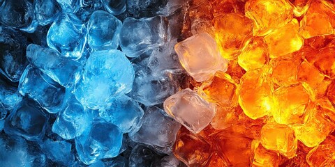 Close-up of melting ice cubes in bright blue and orange tones with reflective surfaces and water droplets