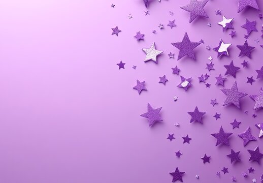 A soft purple background with scattered metallic purple and silver 3D stars of various sizes - Powered by Adobe