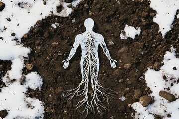 A disturbing skeleton made of gnarled white roots emerging from snowy forest floor