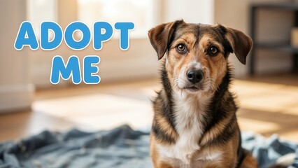 Dog waiting for adoption in a bright room with a cozy blanket on the floor during the day