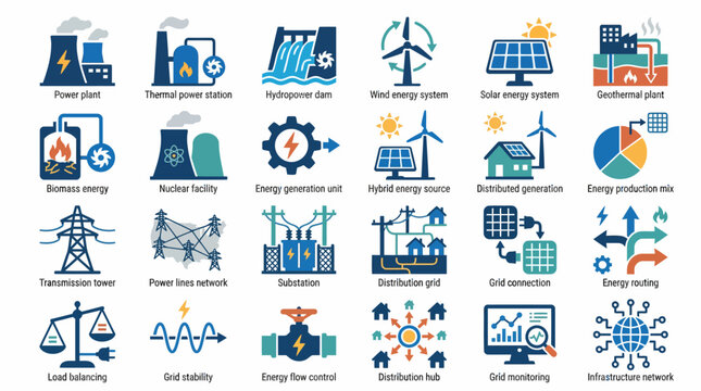 Collection of Icons Representing Energy Sources and Power Distribution. EPS Editable
