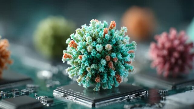A Stunning Macro Visualization of Viruses Interacting with Microchips: A Depiction of the Intricate Relationship Between Biological Entities and Technology