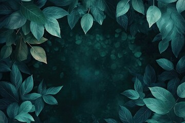 A dark teal frame of lush green and blue leaves surrounding a soft bokeh background with gentle glowing orbs