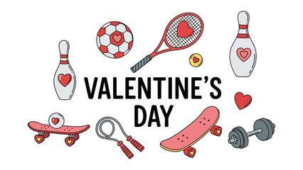 Valentine's Day Sports and Recreation Celebration: A collection of various sports equipment, including a soccer ball, tennis racket, bowling pin and other things are decorated with hearts.