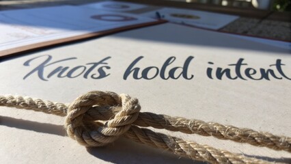 Close-up of a securely tied rope knot on a document
